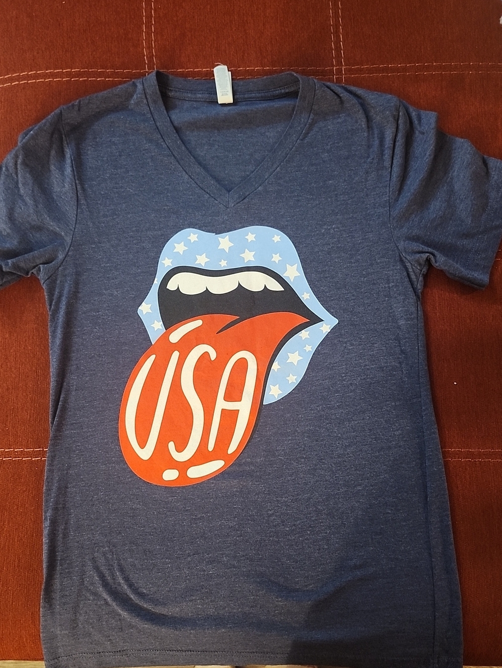 Bella Canvas Navy Blue V-Neck Tee with USA Tongue Graphic